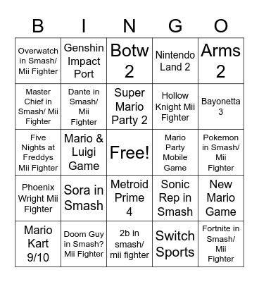 Nintendo Direct Bingo Card