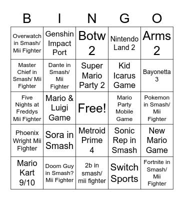 Nintendo Direct Bingo Card