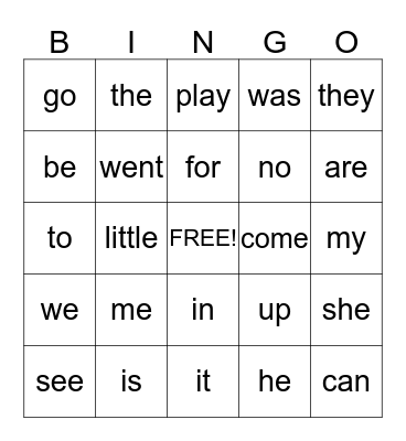 Kindergarten Sight Words Bingo Card