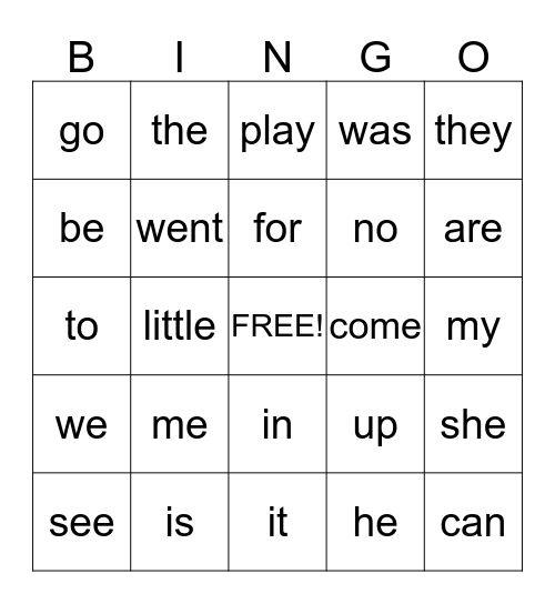 Kindergarten Sight Words Bingo Card