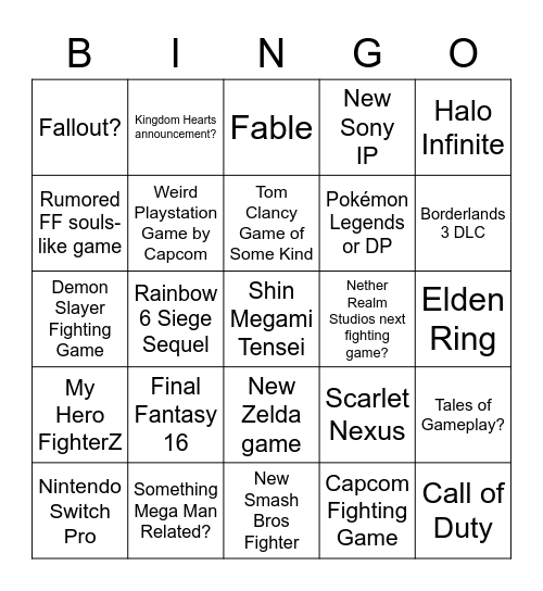 E3 Week Bingo Card