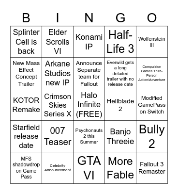 Xbox/Bethesda E3 Bingo Card