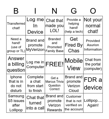 Chat Tastic! Bingo Card
