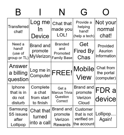 Chat Tastic! Bingo Card