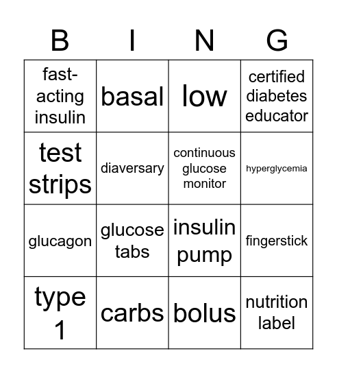 Diabetes Bingo Card