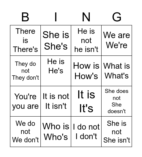 Contractions Bingo Card