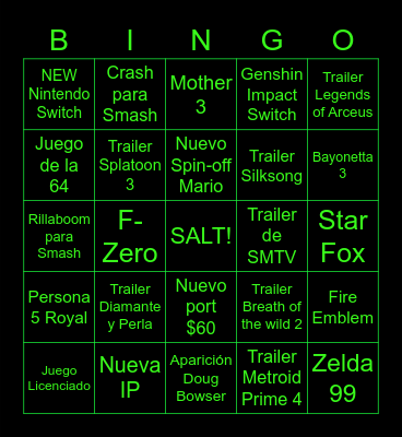 Nintendo Direct Bingo Card