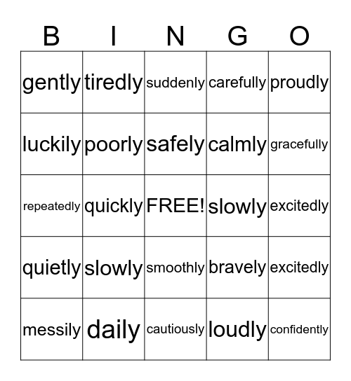 Adverb Bingo Card