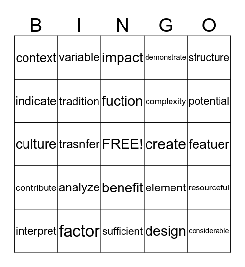 P30 Vocabulary Lessons 1-5 Bingo Card