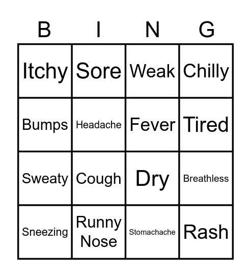 Symptoms Bingo Card