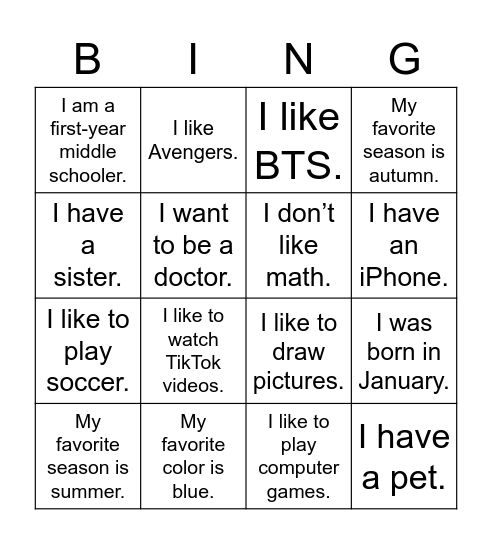 Classmate Interview Bingo Card