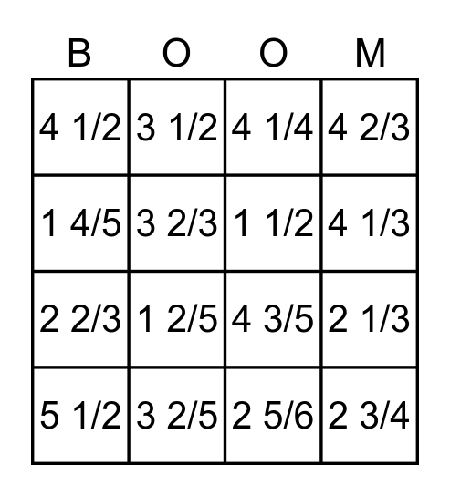 Improper Fractions to Mixed Numbers Bingo Card