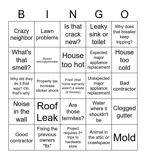 Homeowner Bingo Card