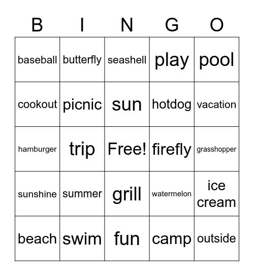 SUMMER WORDS Bingo Card