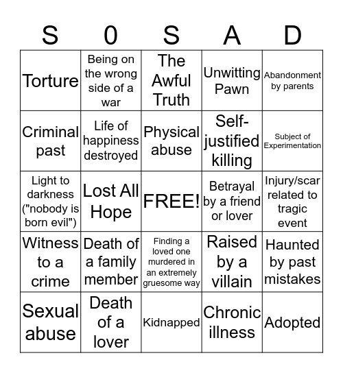 Tragic Backstory Bingo Card