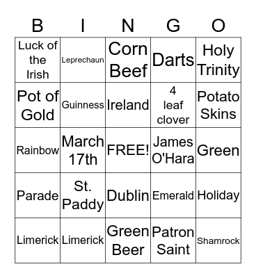 Irish Bingo Card