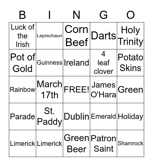 Irish Bingo Card