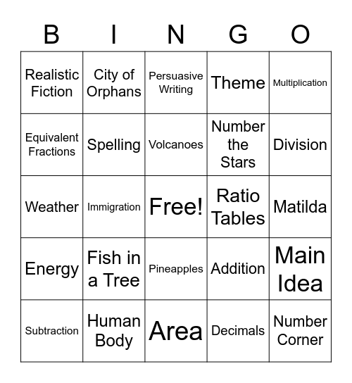 4th Grade Bingo! Bingo Card