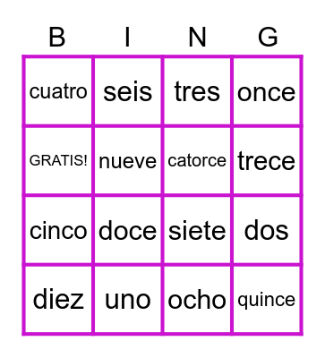 Los números hasta 15 Bingo Card