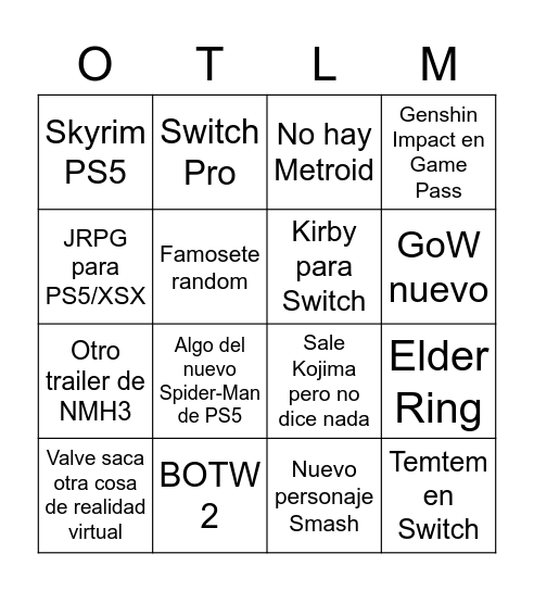 E3 Bingo Card