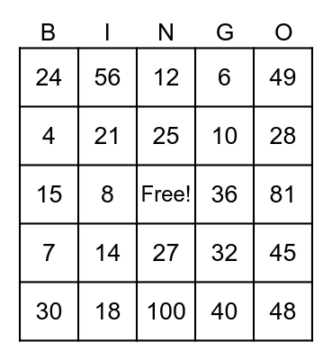 Multiplication Bingo Card