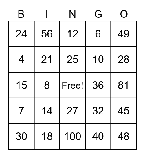 Multiplication Bingo Card