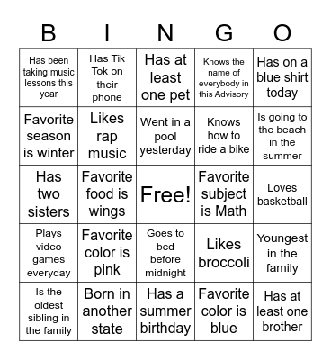 All About Me Bingo Card