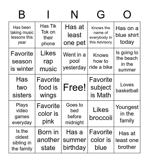 All About Me Bingo Card