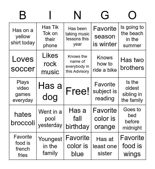 All About Me Bingo Card