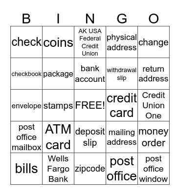 Banking & Post Office Bingo Card