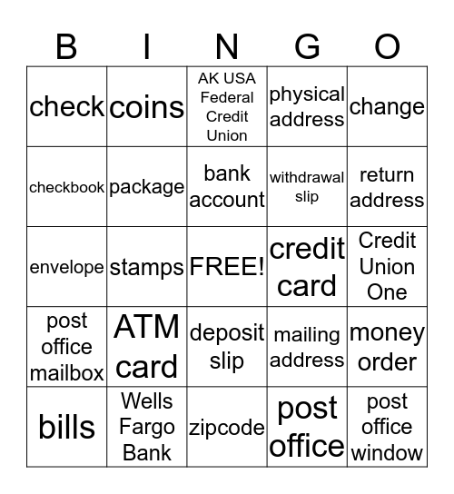 Banking & Post Office Bingo Card
