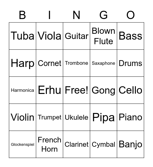 Musical Instruments Around The World Bingo Card