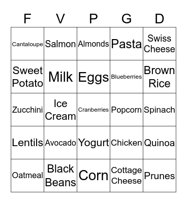Nutrition Bingo Card