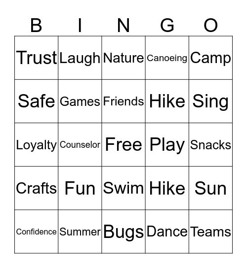 Summer Camp Fun Time Bingo Card