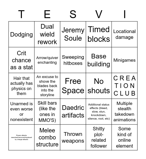 TESVI Feature Bingo Card