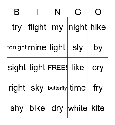 Long I  Bingo Card