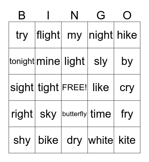 Long I  Bingo Card