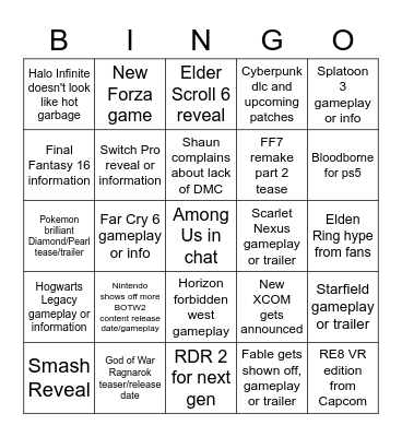 E3 2021 bingo Card