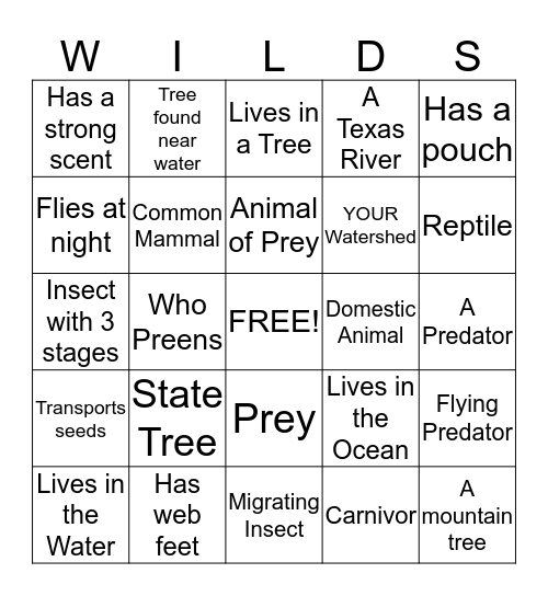 Growing Up Wild Bingo Card