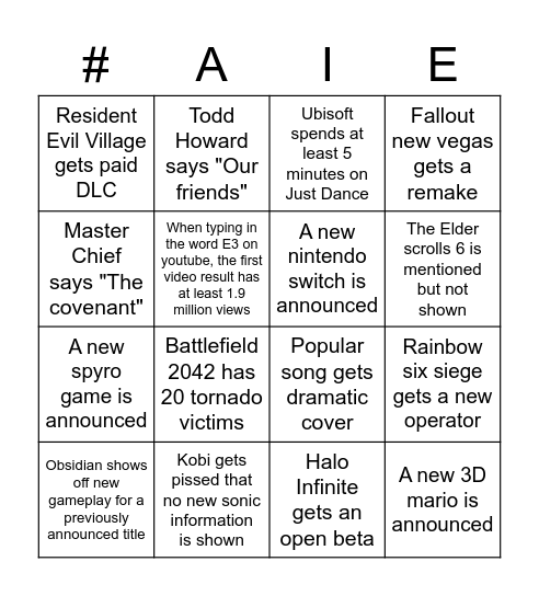 Harry's E3 2021 Bingo Card Bingo Card