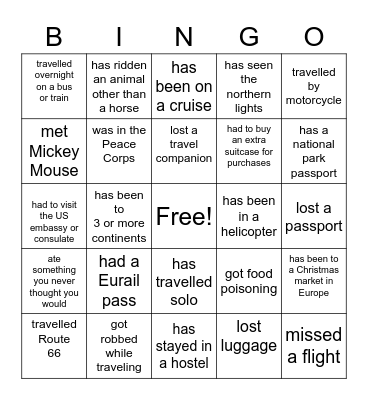 Travel Adventures and Misadventures Bingo Card