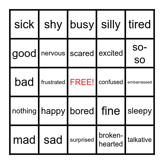 Feelings Bingo Card