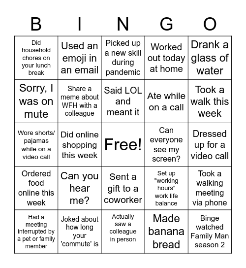 Remote work bingo Card