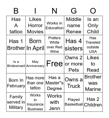 Jenn's Bridal Shower Bingo Card