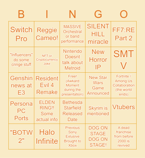 E3 Bingo Card