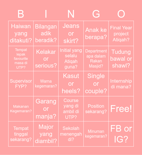 Atiqah Sordi 25th Birthday Celebration Bingo Card