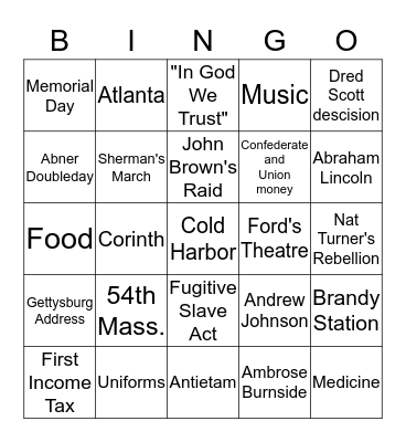 Civil War Bingo Card