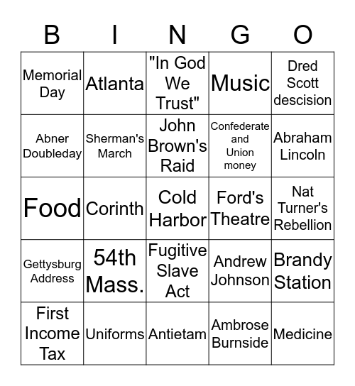 Civil War Bingo Card