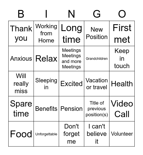 Farewell Bingo Card