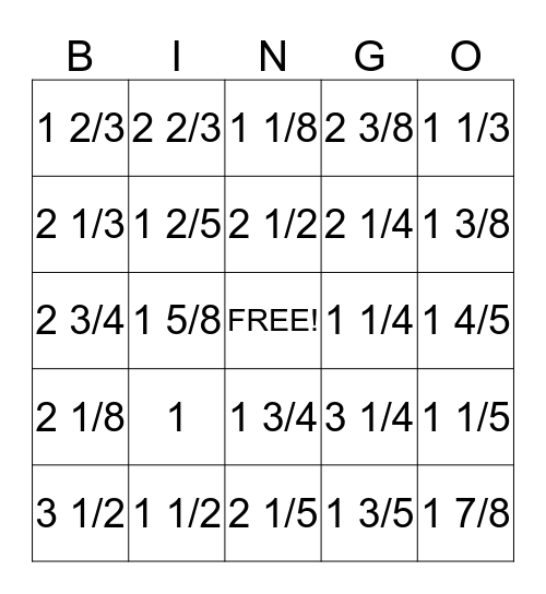Mixed Numbers Bingo Card